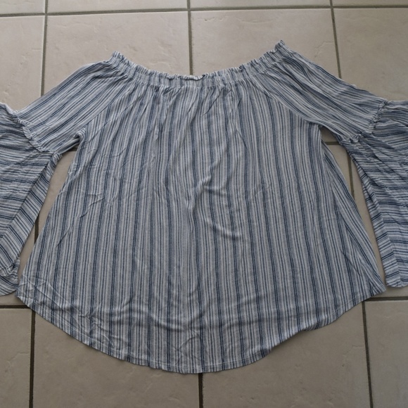 Time and Tru Blue Stripe Off Shoulder Peasant Top - Picture 3 of 5